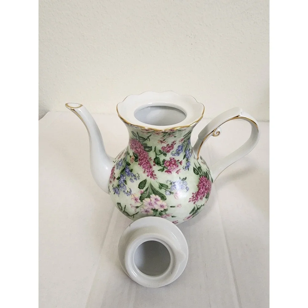 Victoria's Garden Floral Porcelain Teapot Gold Trim Pink Purple Flowers 6